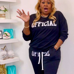 Lovelywholesale Plus Size Casual Letter Print Drawstring Black 2-piece Pants Set